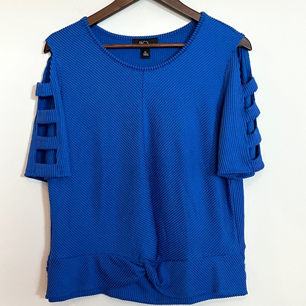 BCX Womens Royal Blue Cold Shoulder Ladder Sleeve Twist Front Knit Top XL